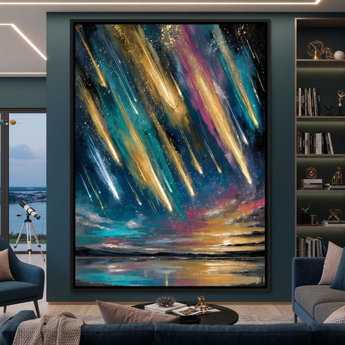 Golden Meteors Over Silent Lake Canvas Wall Art