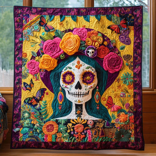 Skull In Bloom Quilt Blanket
