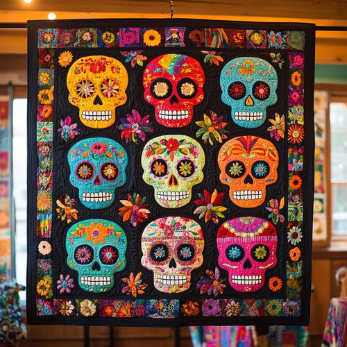 Skulls And Petals Quilt Blanket