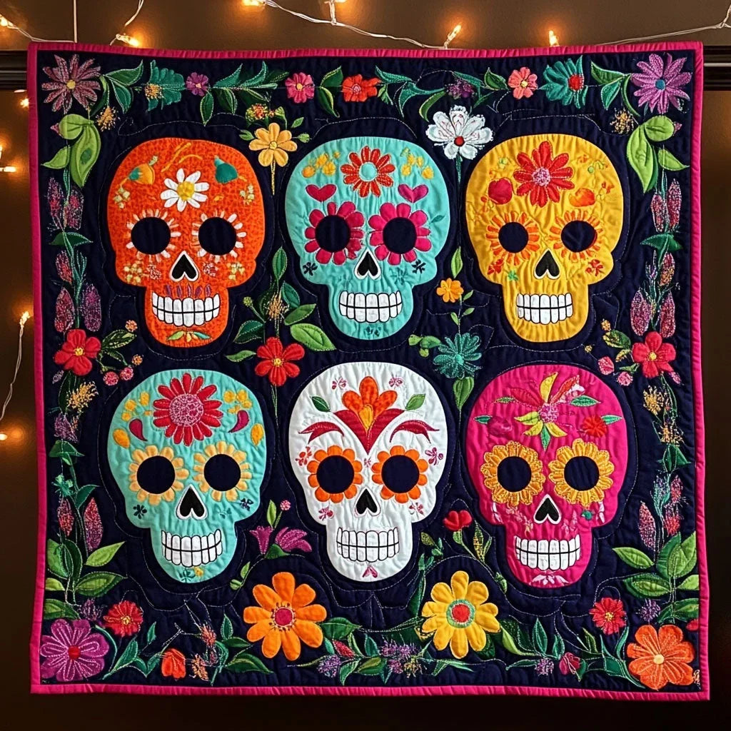 Skulls In Bloom Quilt Blanket