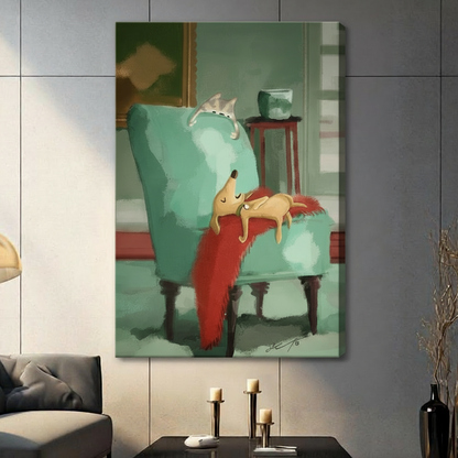 Cozy Dog Cat Nap Vintage Chair Canvas Art Wall Art