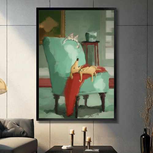 Cozy Dog Cat Nap Vintage Chair Canvas Art Wall Art