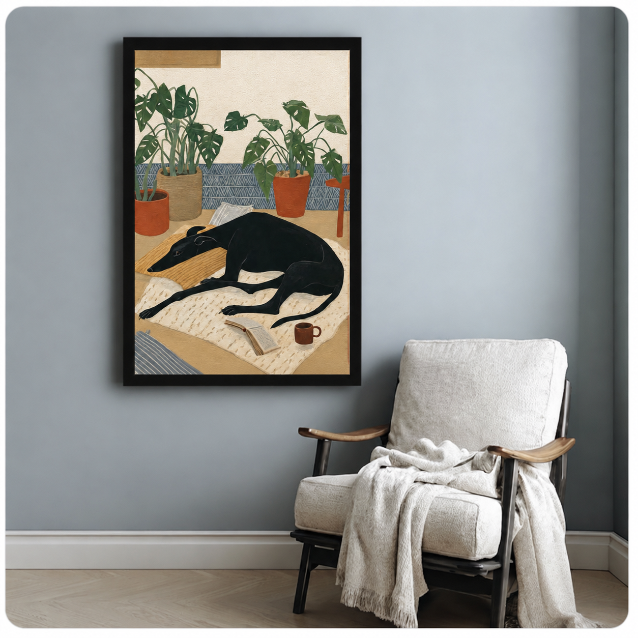 Cozy Greyhound Monstera Illustration Canvas Wall Art
