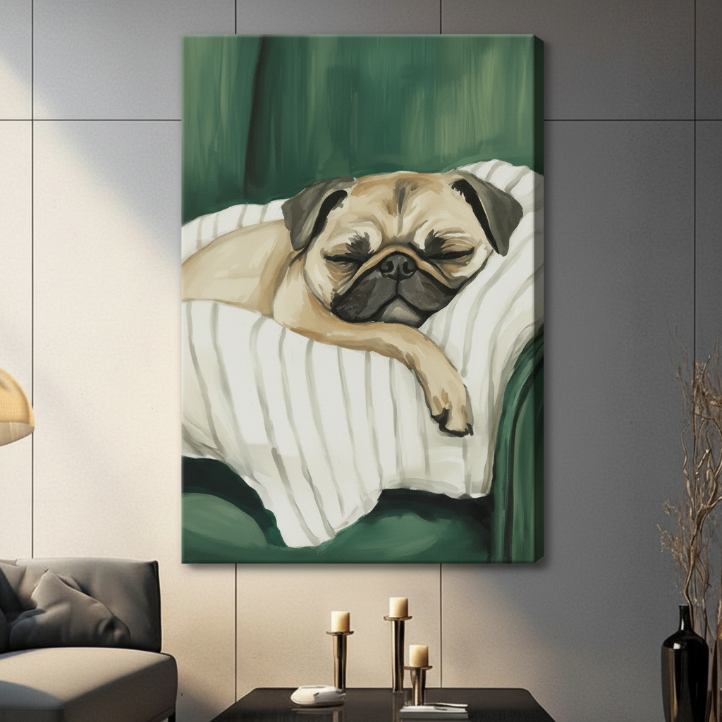 Sleeping Pug Framed Canvas Art Wall Art