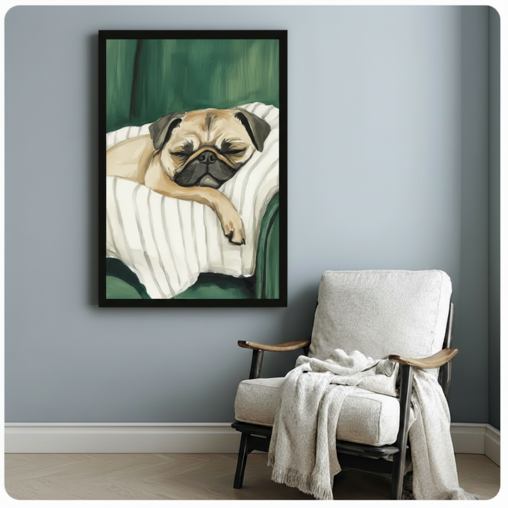 Sleeping Pug Framed Canvas Art Wall Art
