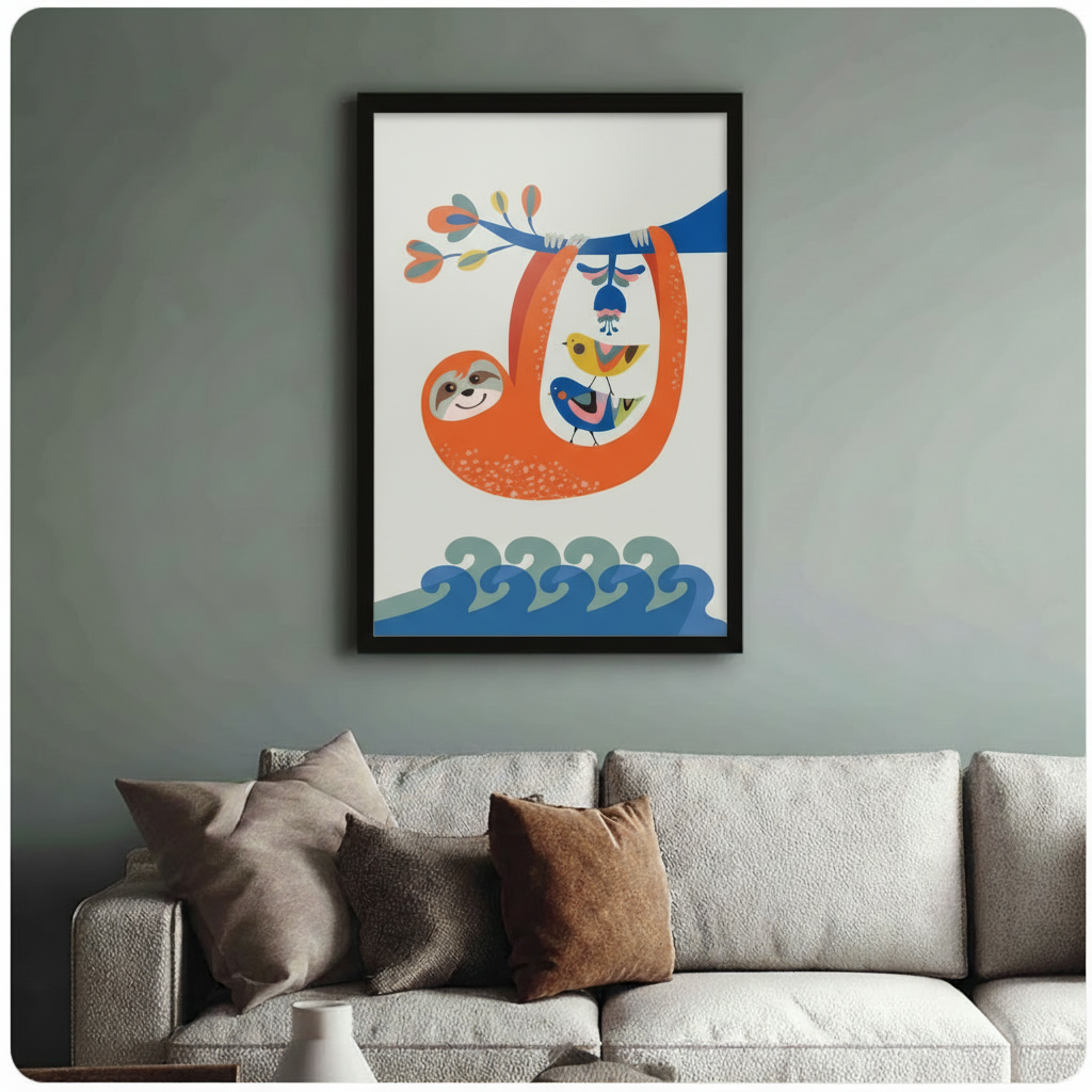 Sloth & Birds Colorful Folk Art Canvas Wall Art
