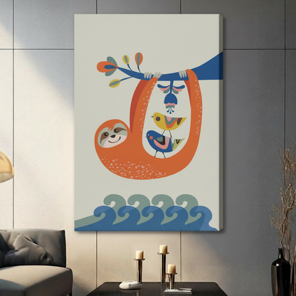 Sloth & Birds Colorful Folk Art Canvas Wall Art