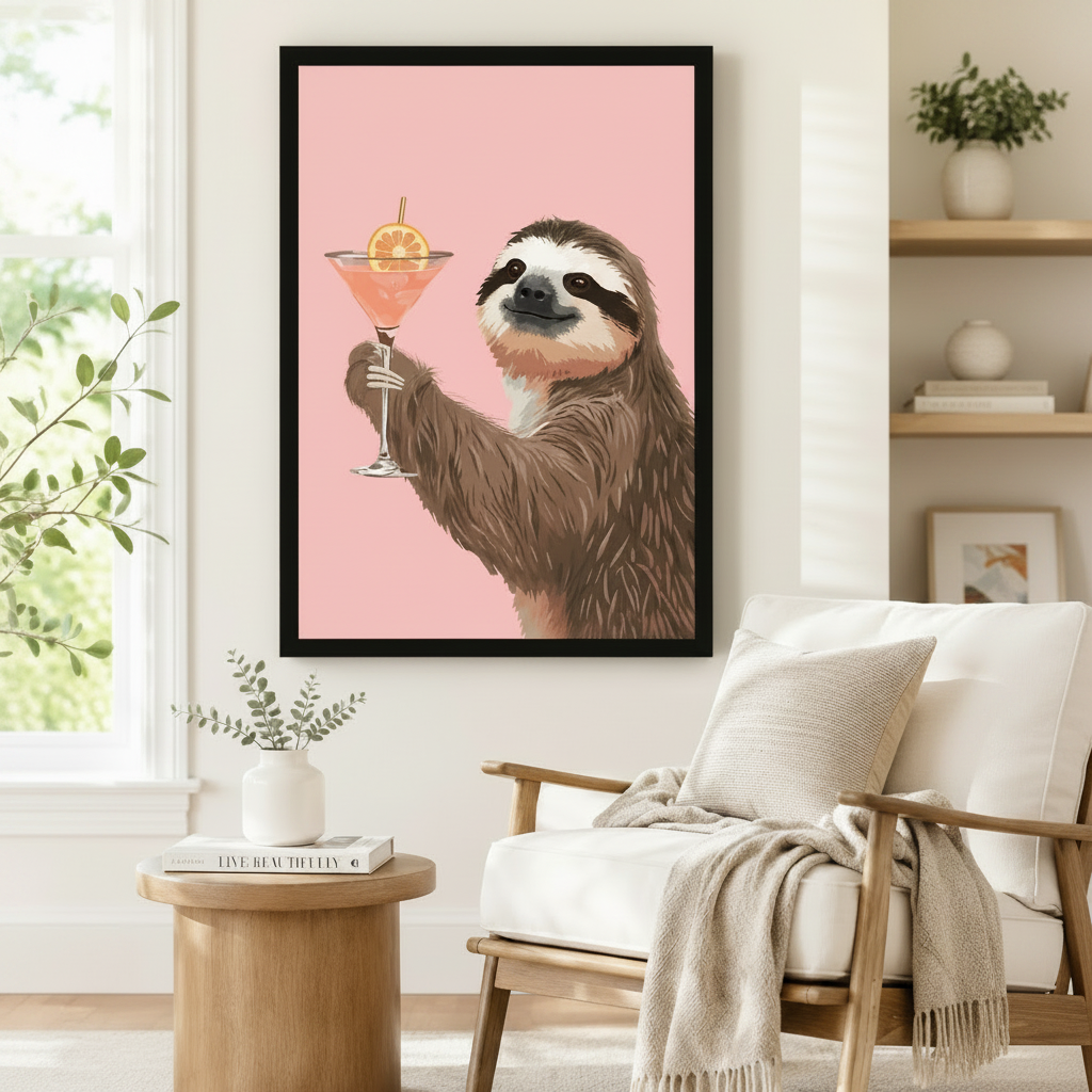 Funny Sloth Cocktail Pink Canvas Wall Art