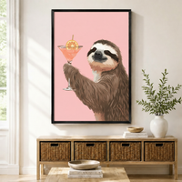 Funny Sloth Cocktail Pink Canvas Wall Art