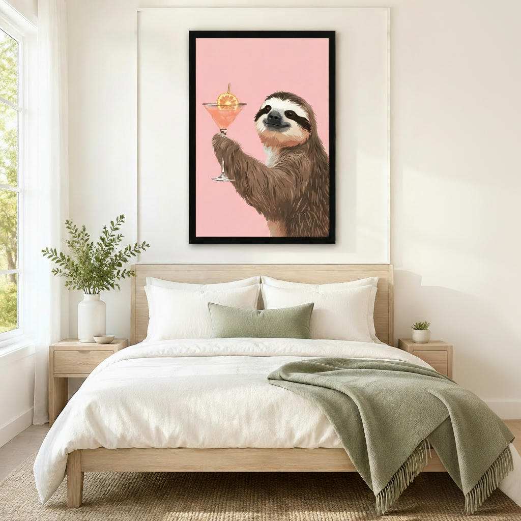 Funny Sloth Cocktail Pink Canvas Wall Art