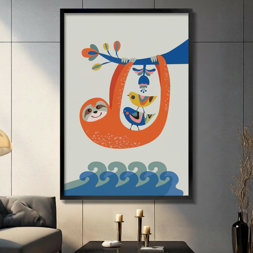 Sloth & Birds Colorful Folk Art Canvas Wall Art