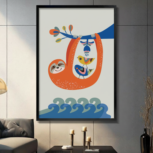 Sloth & Birds Colorful Folk Art Canvas Wall Art