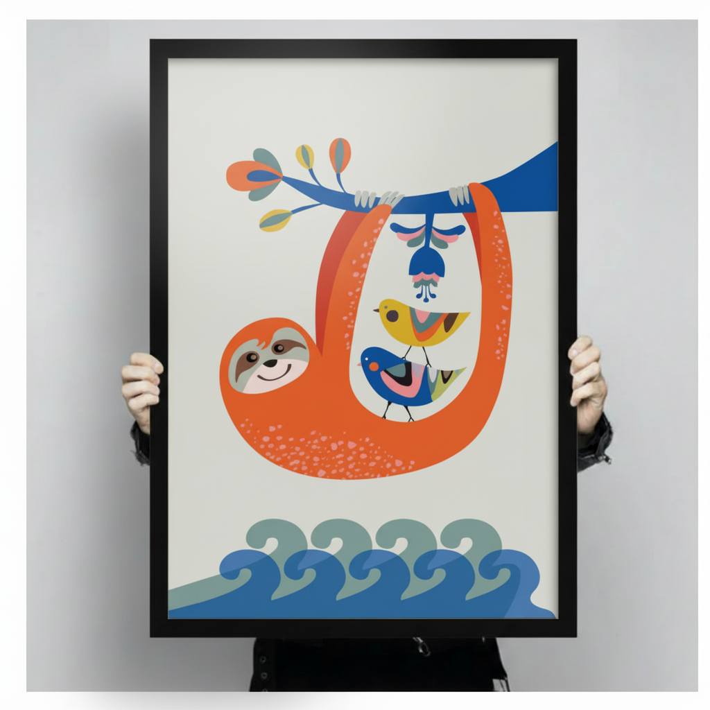 Sloth & Birds Colorful Folk Art Canvas Wall Art