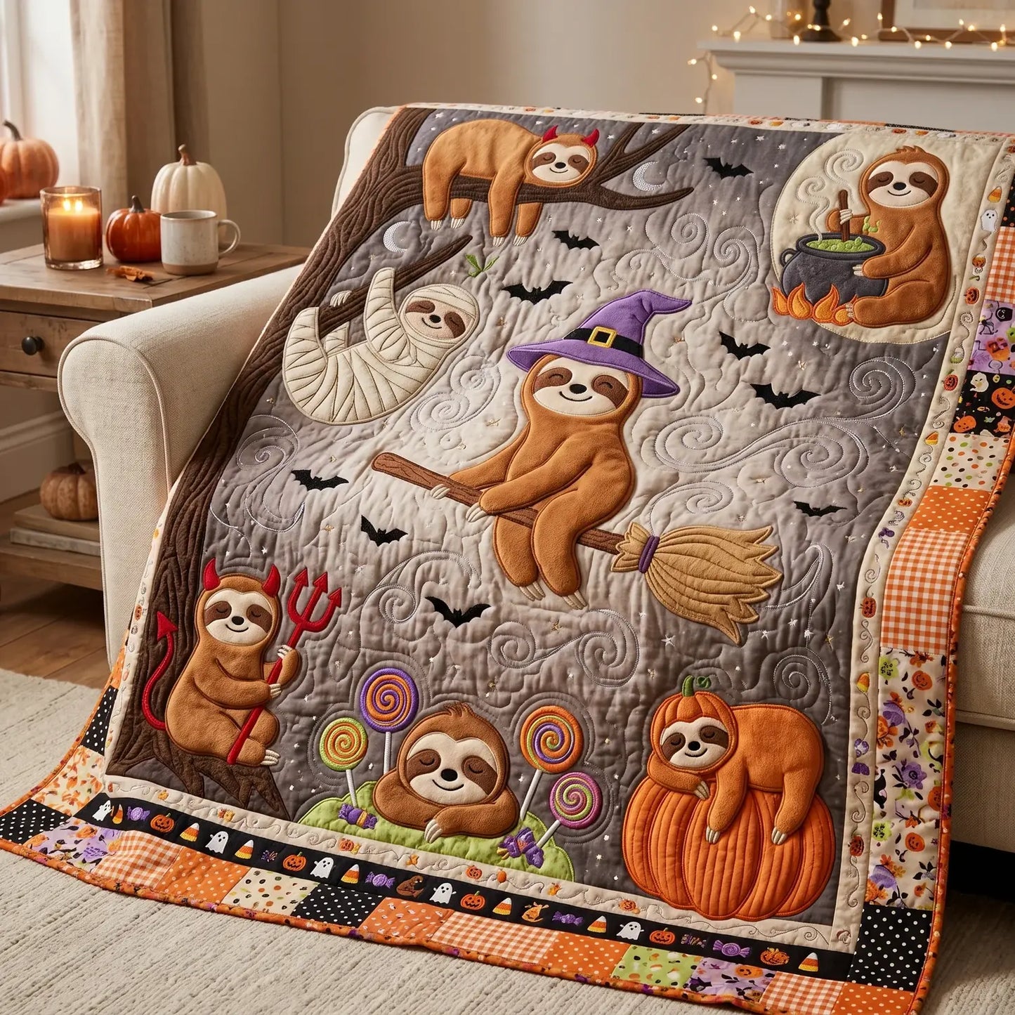 Sloth In Halloween Quilt Blanket