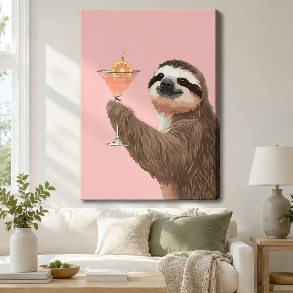 Funny Sloth Cocktail Pink Canvas Wall Art