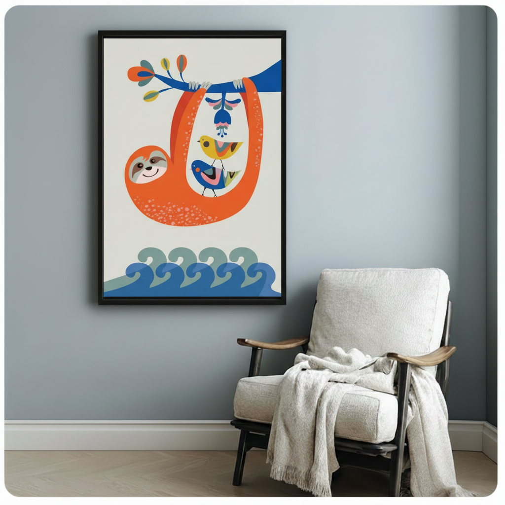 Sloth & Birds Colorful Folk Art Canvas Wall Art