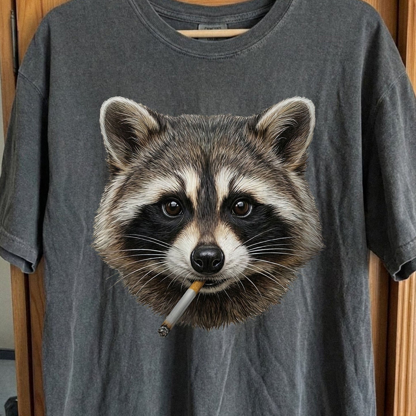 Smoking Raccoon T-Shirt, Midnight Mischief Attitude, Rebel Humor Art, funny meme tee gift (view 2)