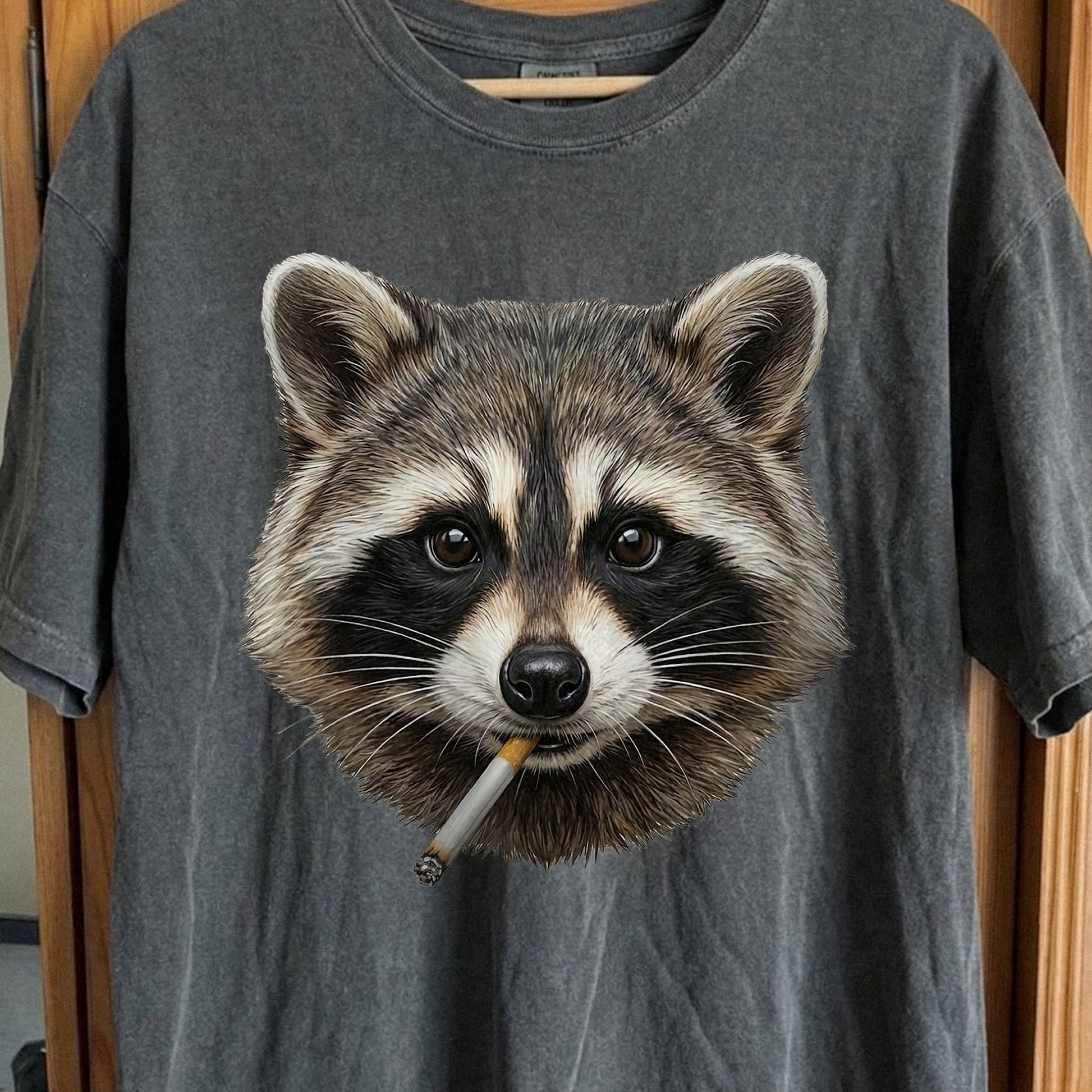 Smoking Raccoon T-Shirt, Midnight Mischief Attitude, Rebel Humor Art, funny meme tee gift (view 2)