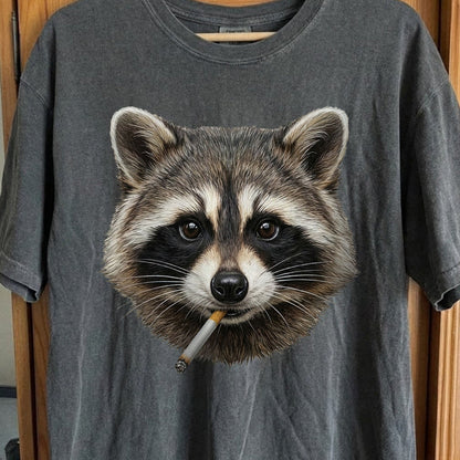 Smoking Raccoon T-Shirt, Midnight Mischief Attitude, Rebel Humor Art, funny meme tee gift (view 2)