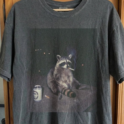 Raccoon Smoking T-Shirt, Late Night Loneliness Aesthetic, Dark Humor Animal Art, funny meme tee gift