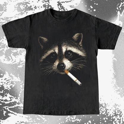 Quiet Smoke Raccoon Tee – Midnight Outsider Mood, funny meme tee gift (view 2)