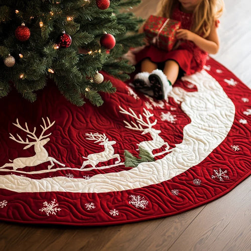 Snow Reindeer Quilted Christmas Tree Skirt