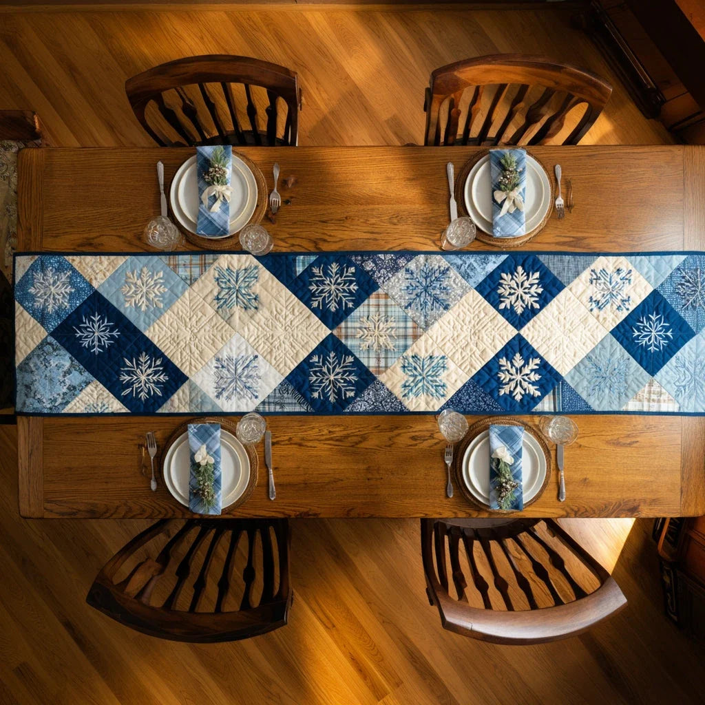 Snowflake Blue Block Quilted Table Runner