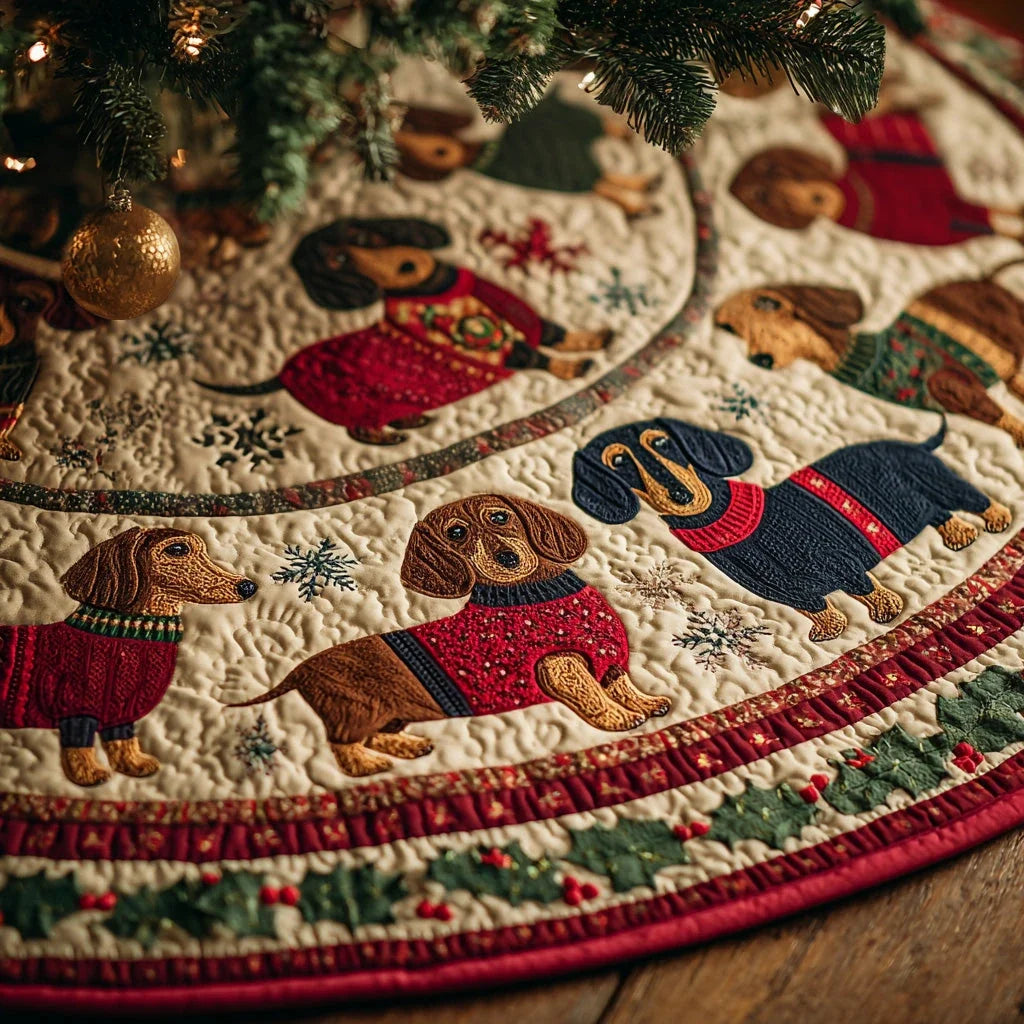 Snowflake Sweater Dachshunds Christmas Quilted Tree Skirt