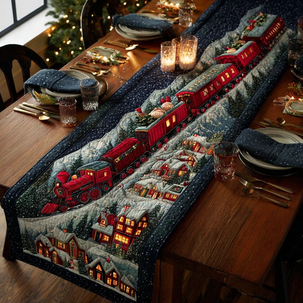 Snowflake Village Train Quilted Table Runner