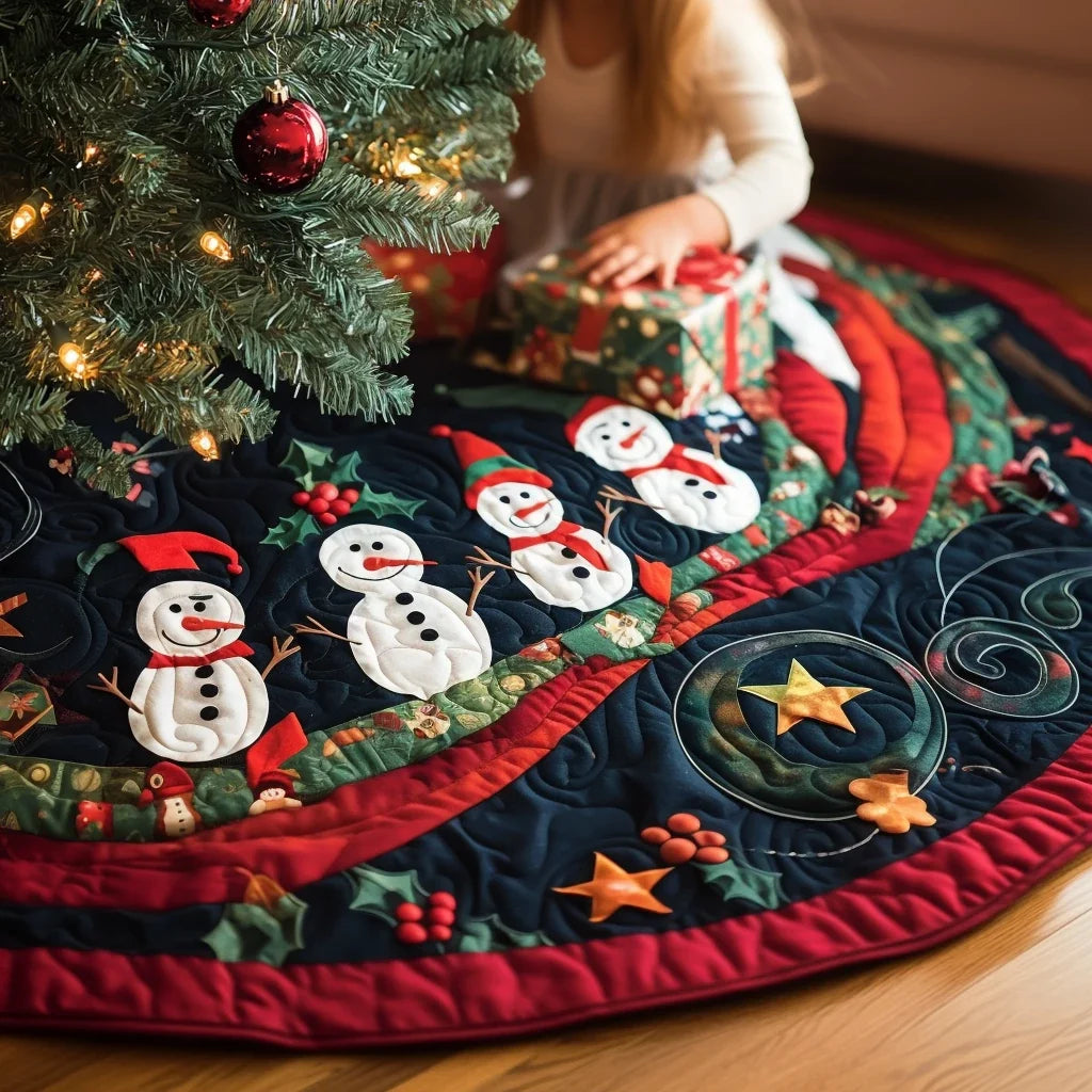 Snowmen Bridge Quilted Christmas Tree Skirt