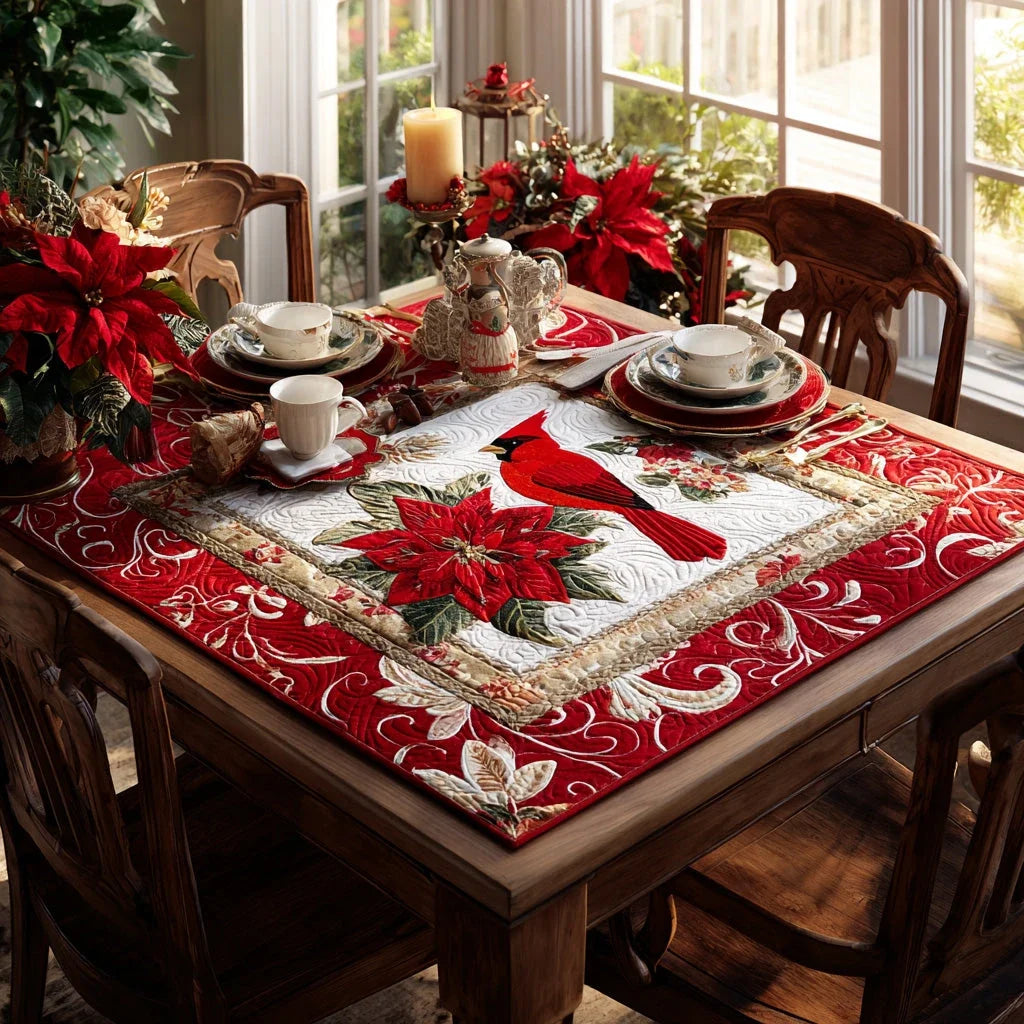 Snowy Cardinal Petals Quilted Table Topper