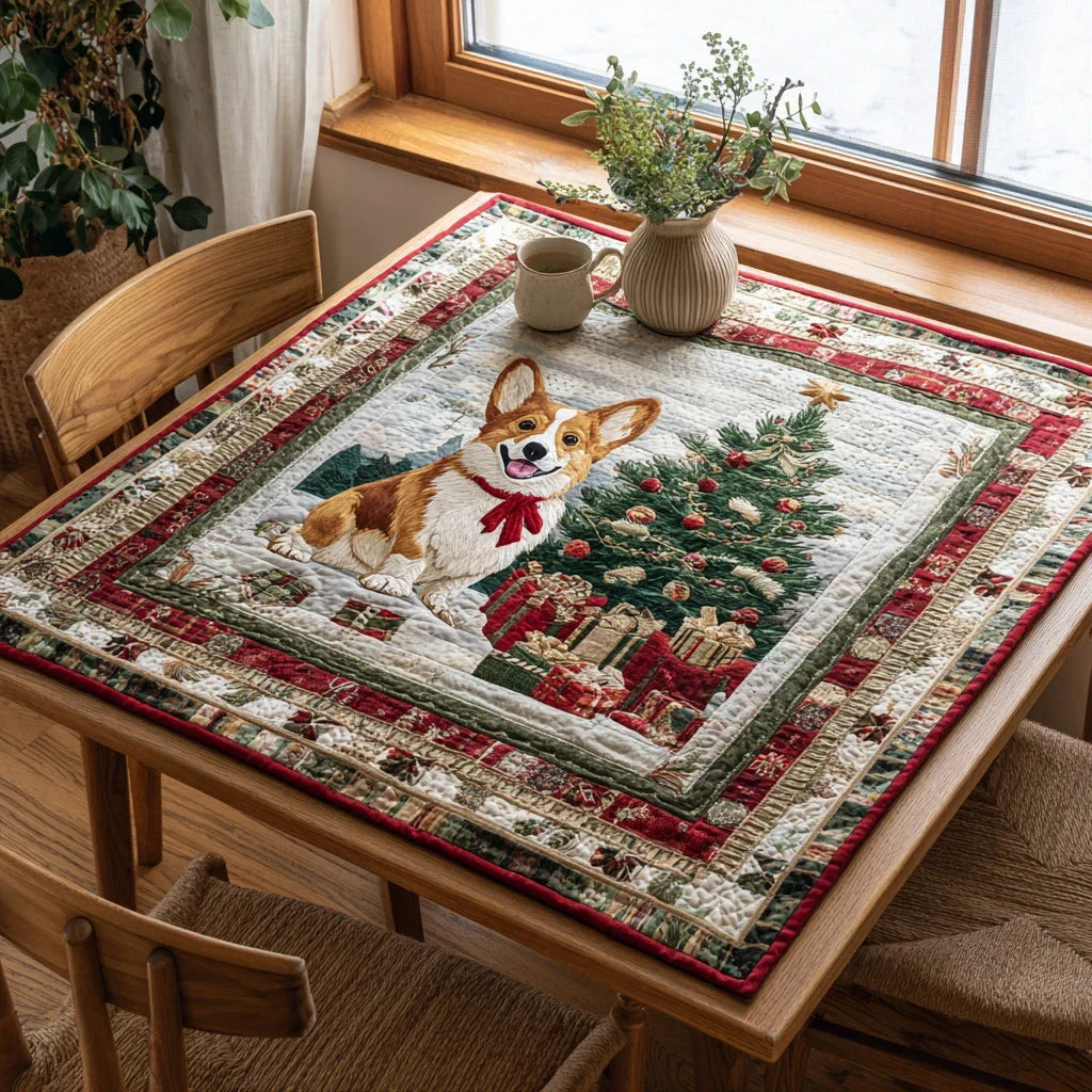 Snowy Corgi Scene Quilted Table Topper