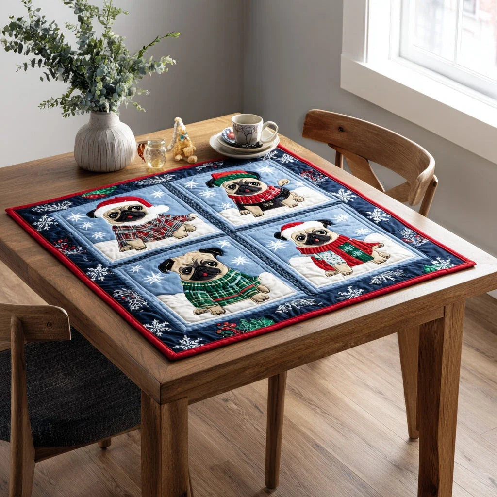 Snowy Pug Wonder Quilted Table Topper