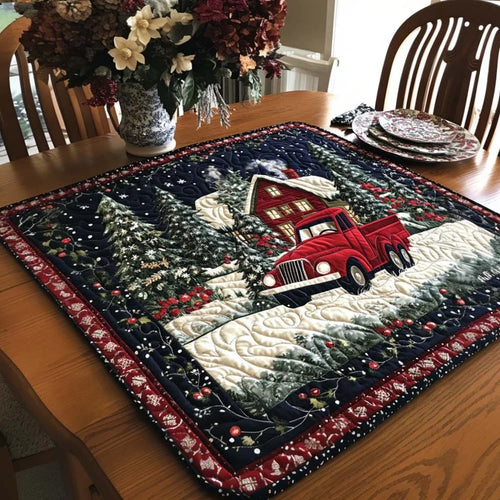 Snowy Red Truck Quilted Table Topper