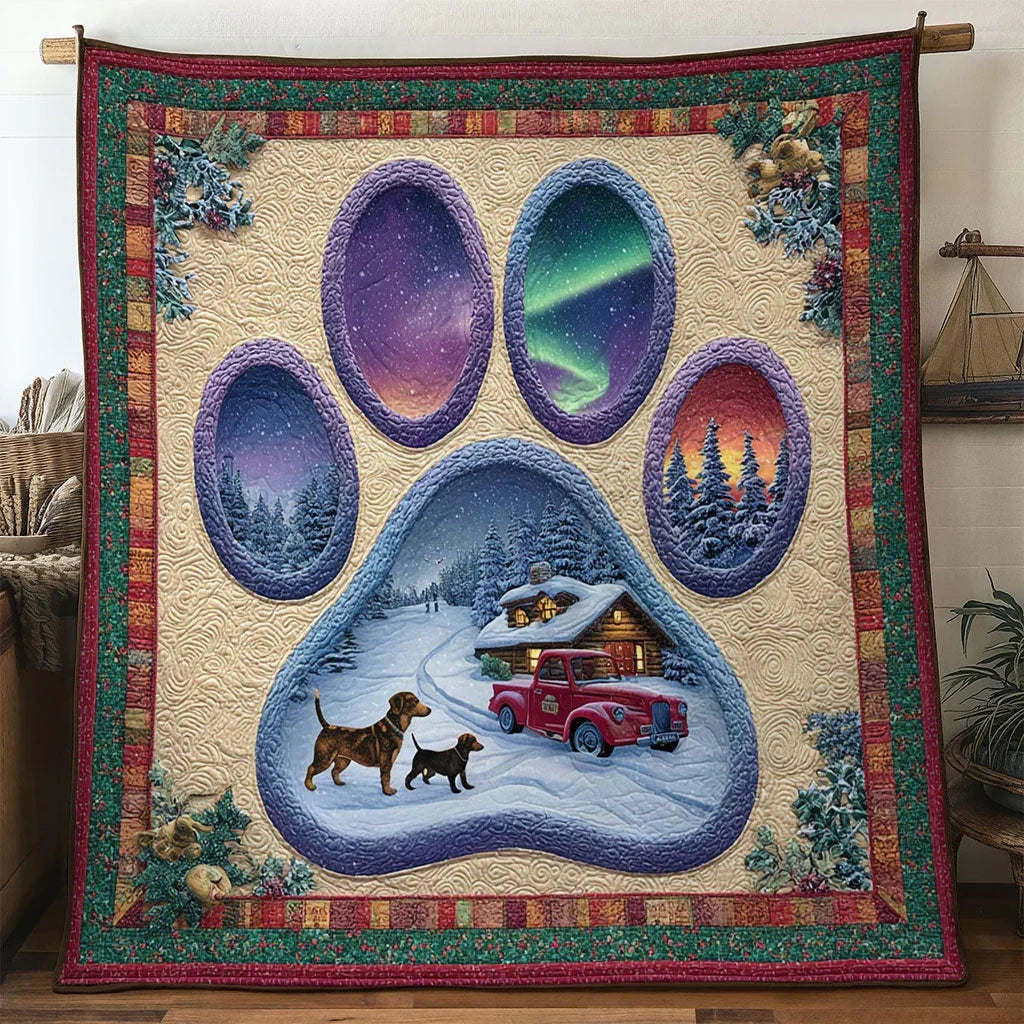 Snowy Trail Dachshund Paw Quilt Blanket