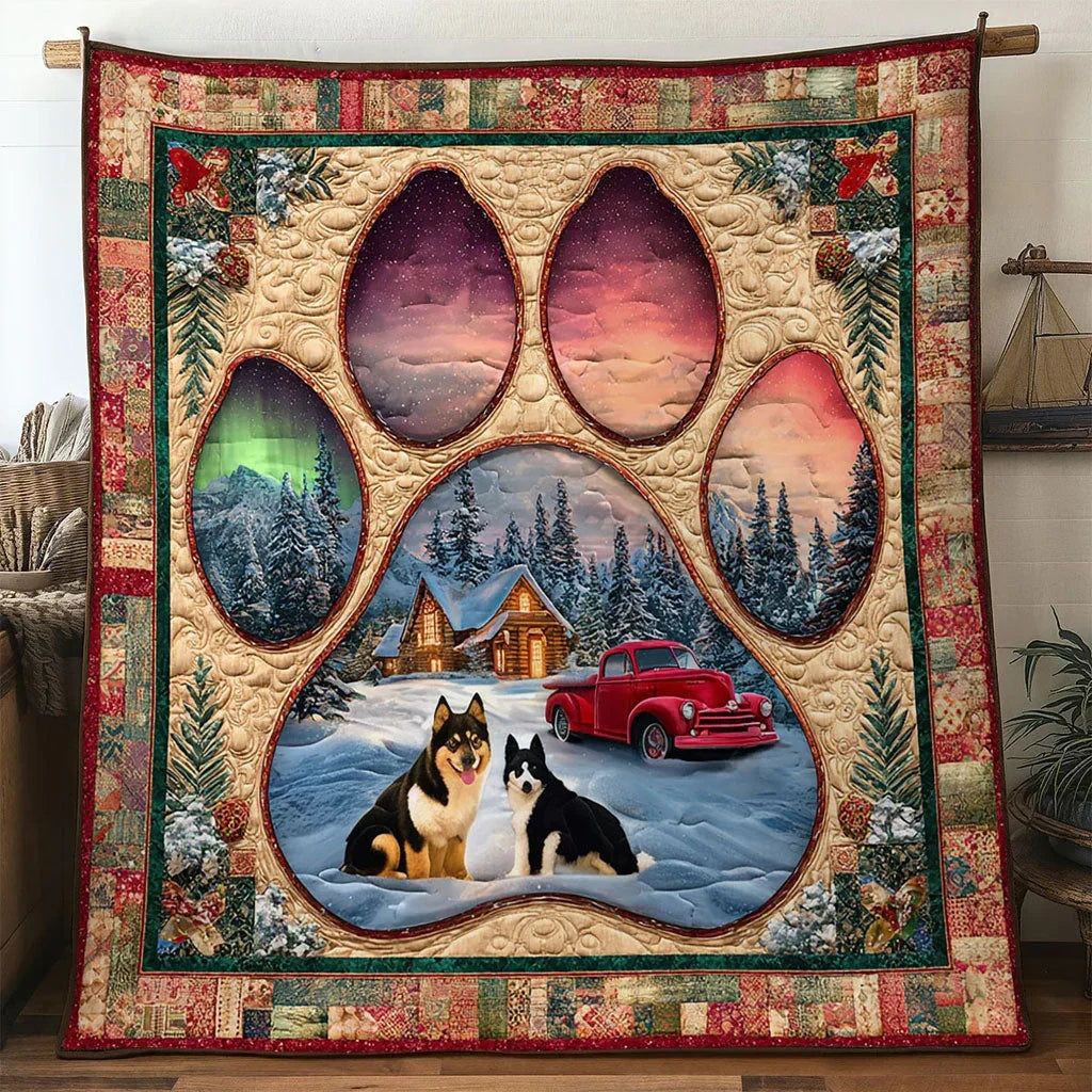 Snowy Trail Husky Paw Quilt Blanket