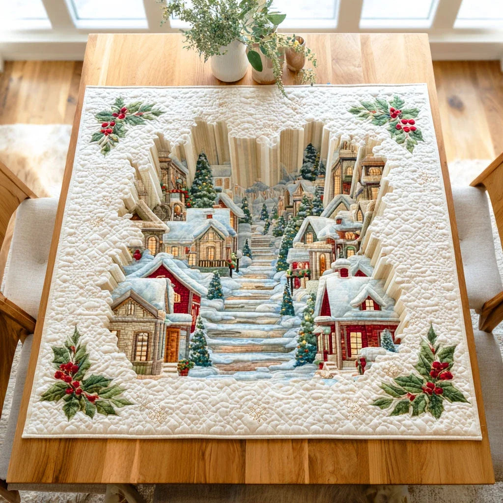 Snowy Village Steps Quilted Table Topper