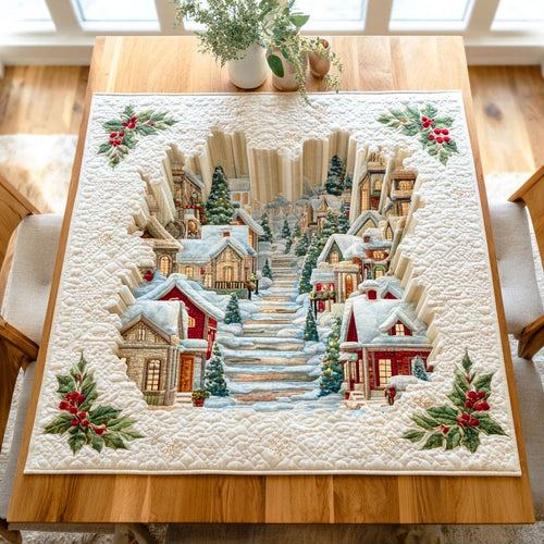 Snowy Village Steps Quilted Table Topper