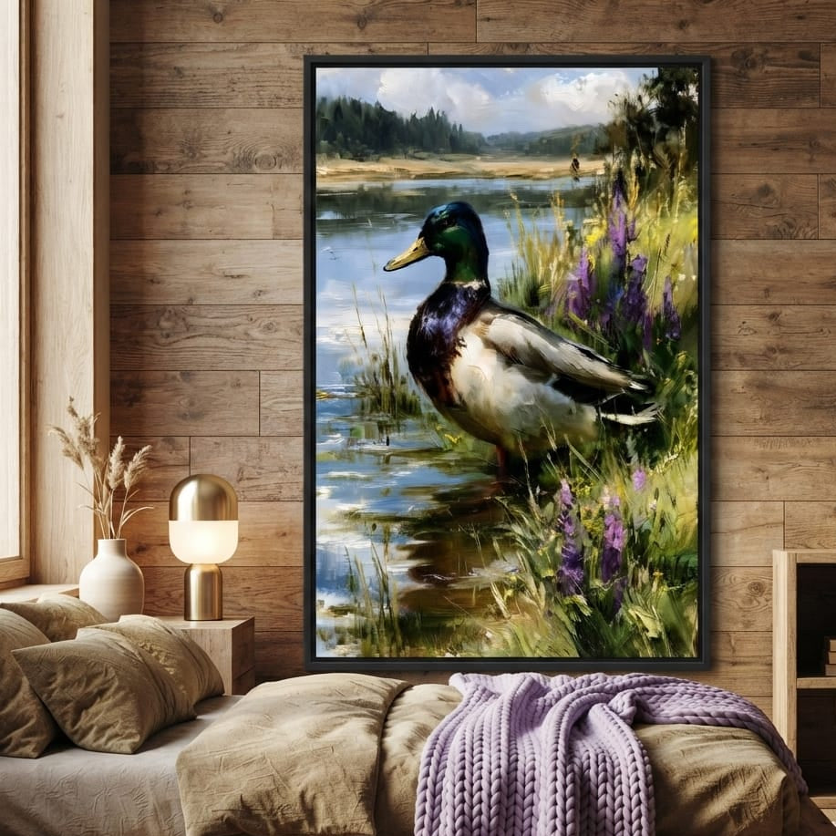 Solitary Mallard By The Still Shore Canvas Wall Art