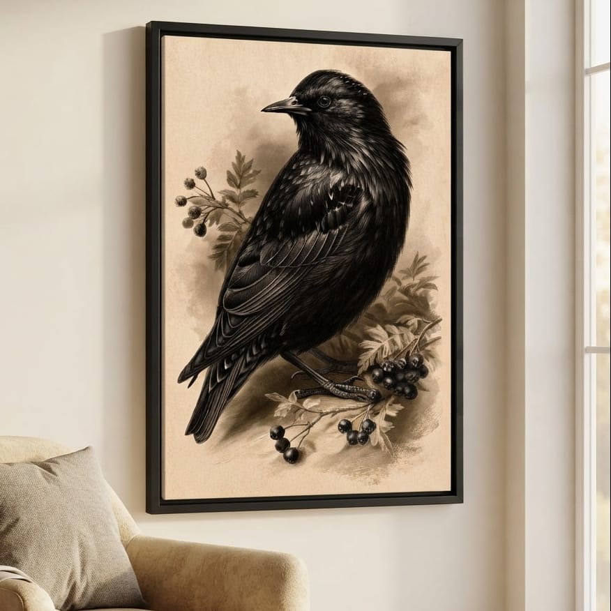 Solitary Starling Perched Upon Hawthorn Branch Canvas Wall Art