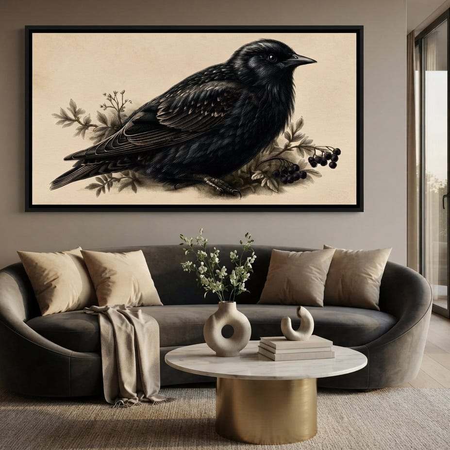 Solitary Starling Perched Upon Wild Berries Canvas Wall Art