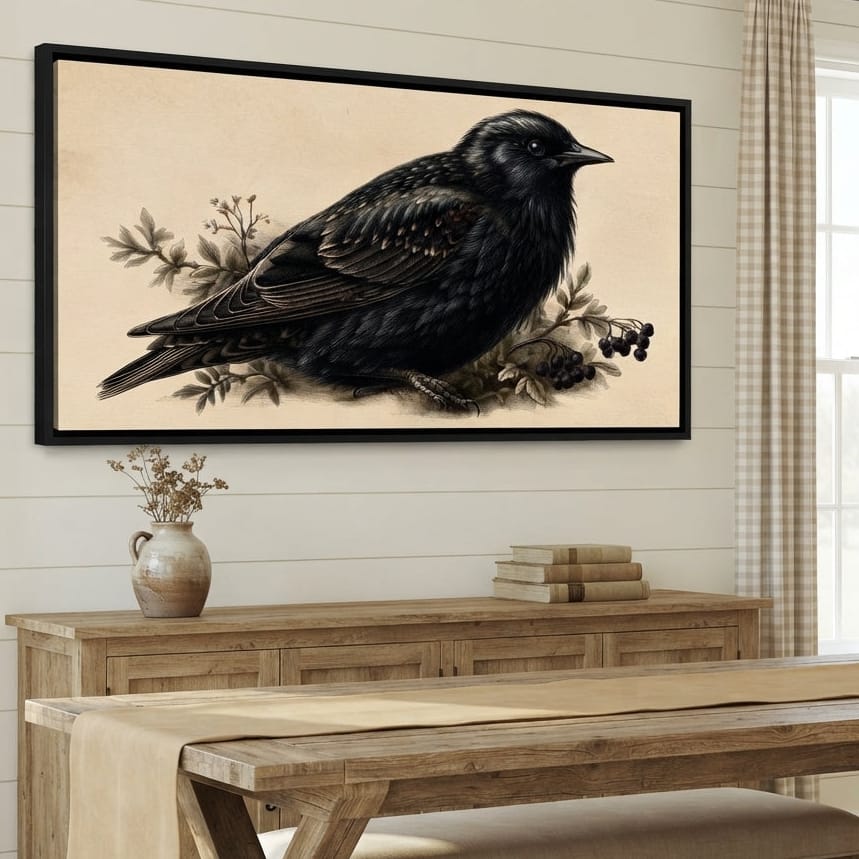 Solitary Starling Perched Upon Wild Berries Canvas Wall Art