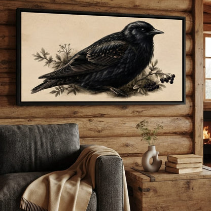 Solitary Starling Perched Upon Wild Berries Canvas Wall Art