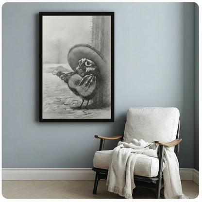 Mariachi Owl Guitar Sombrero Charcoal Canvas Art