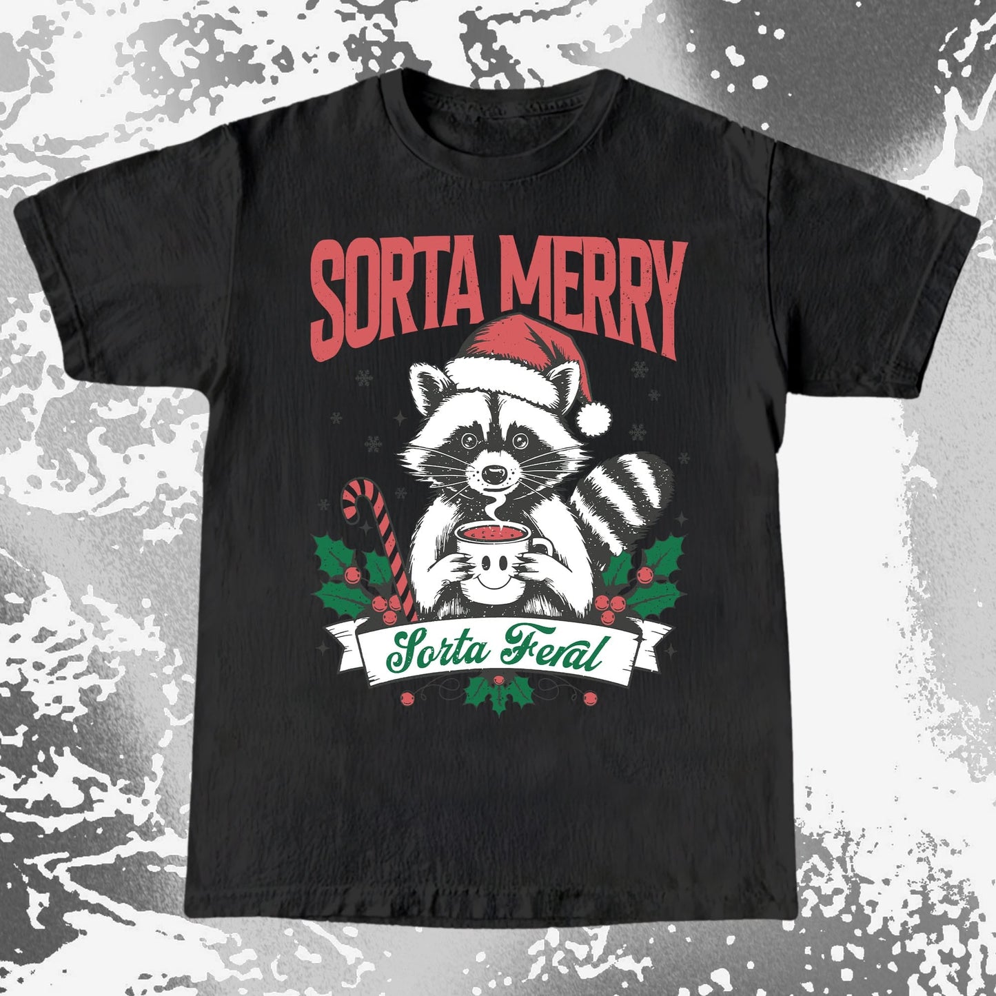 Sorta Merry Sorta Feral Raccoon Christmas, funny meme tee gift (view 3)