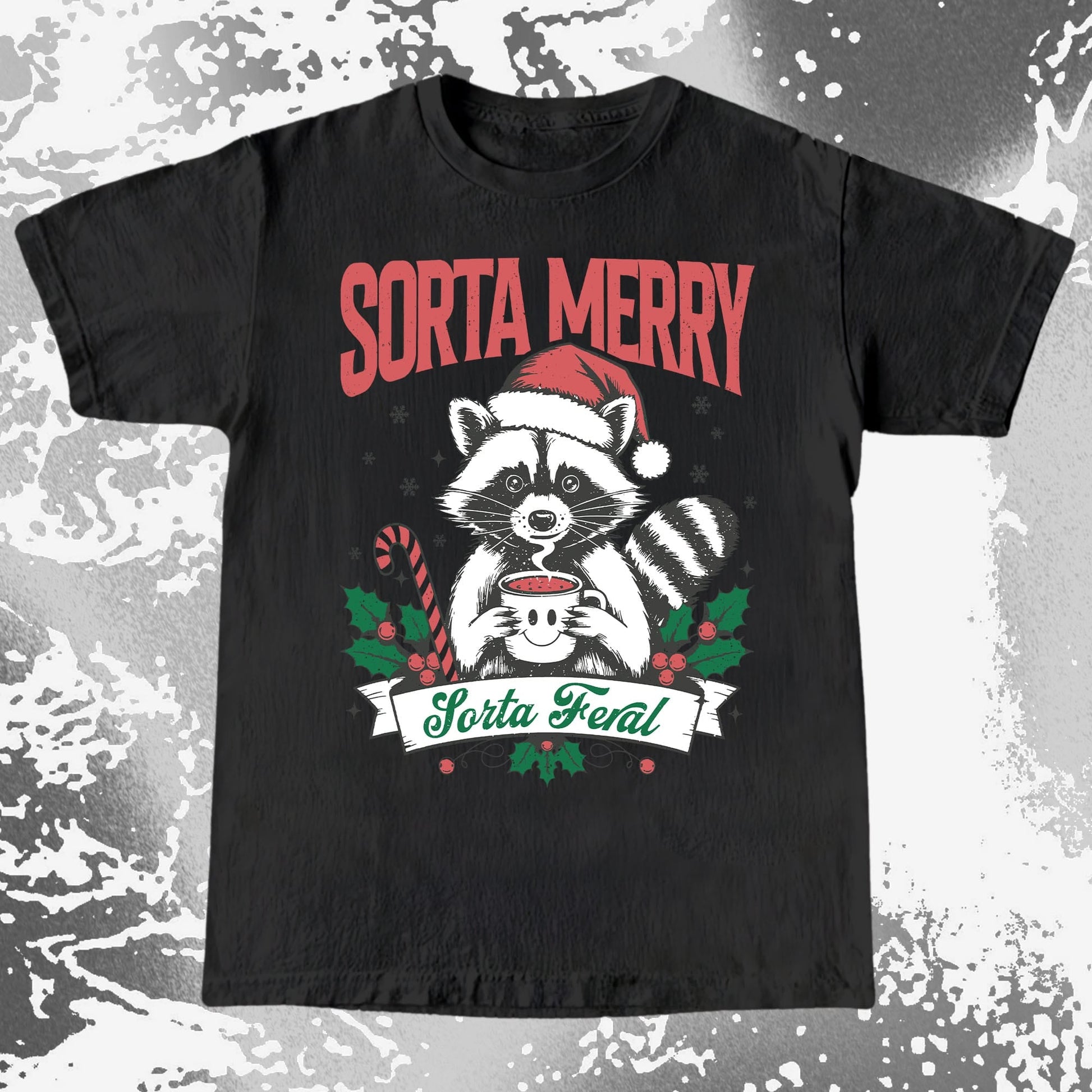 Sorta Merry Sorta Feral Raccoon Christmas, funny meme tee gift (view 3)
