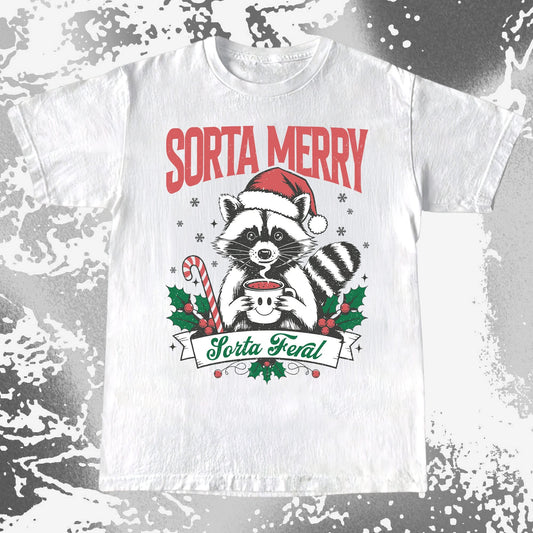 Sorta Merry Sorta Feral Raccoon Christmas, funny meme tee gift