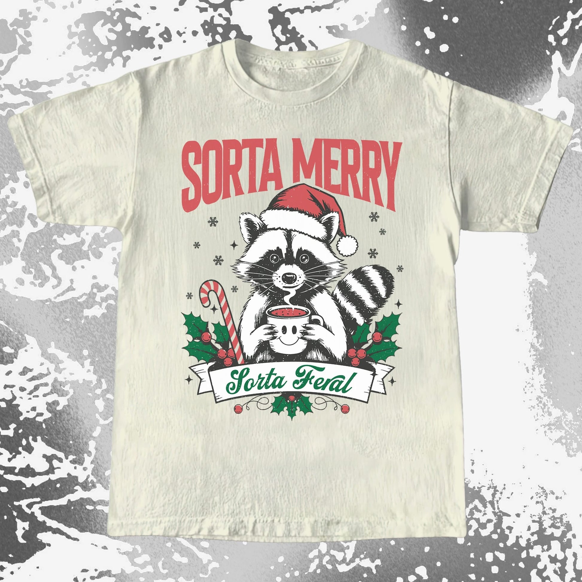 Sorta Merry Sorta Feral Raccoon Christmas, funny meme tee gift (view 2)