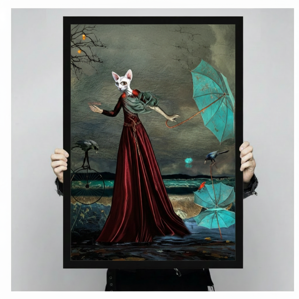 Surreal Cat Lady Storm Dark Canvas Art Wall Art