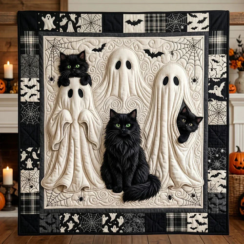 Spooky Black Cat Ghost Quilt Blanket